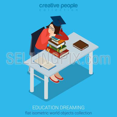 Student dreaming on books at the desk sitting on chair flat isometric collection. Education business concept. Creative people collection.
