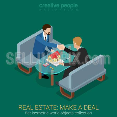 Flat 3d web isometric real estate make deal contract handshake to succeed infographic concept vector. Realty manager client customer handshake. Creative people collection.