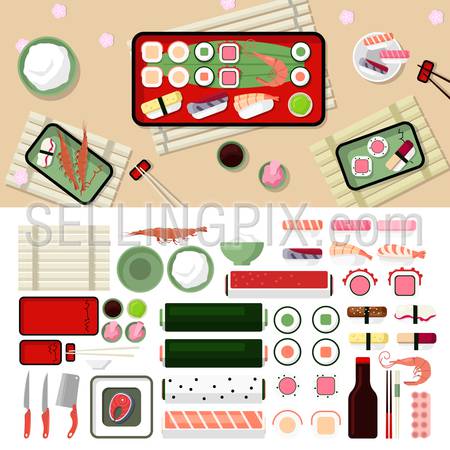 Sushi restaurant flat style design vector graphic elements set. Sashimi, Sushi, Prawn, Rolls, Fish, Rise, Chinese chopsticks, Plates, Soy sauce, Wasabi icon illustrations.