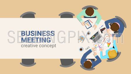 Office table top view business meeting flat web infographic concept vector. Staff table report analytics working tablet laptop empty background. Brainstorm report planning. Creative people collection.