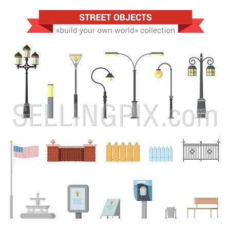 Flat 3d high quality city street urban objects icon set. Street lights, citylight, fence, usa flag, fountain, sign, street phone, bench. Build your own world web infographics collection.