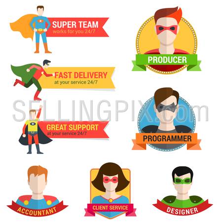 Flat style superhero character avatar on ribbon label creative design template. Man woman super hero profile full face view and place for text name.