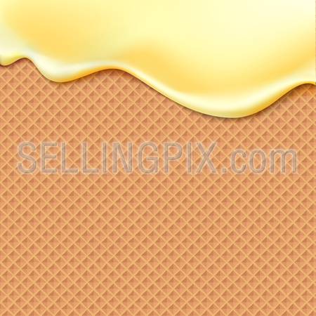 Flowing yellow glaze on wafer texture sweet food vector background abstract. Melt icing ice cream on waffle seamless pattern. Editable – Easy change colors.