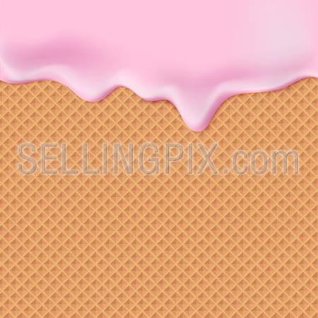 Flowing pink glaze on wafer texture sweet food vector background abstract. Melt icing on waffle seamless pattern. Editable – Easy change colors.