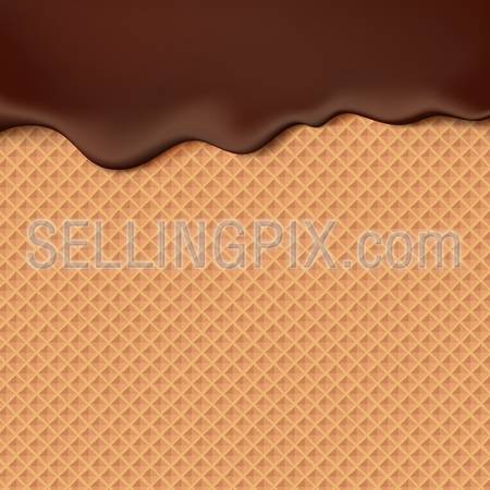 Flowing chocolate on wafer texture sweet food vector background abstract. Melt choco on waffle seamless pattern.