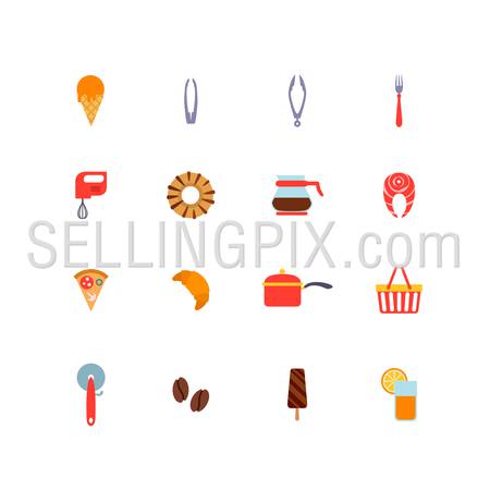Kitchen stuff Cooking and Food icons flat design vector set: ice cream, spoon, tongs, mixer, donut, coffee pot, salmon, pizza, croissant, pan, shopping basket, ice cream, coffee beans, glass of fresh orange juice.