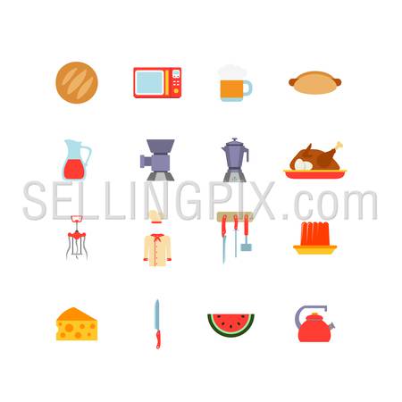Kitchen stuff Cooking and Food icons flat design vector set: bread, microwave, mug of beer, hot dog, carafe, mincer, percolator, roast turkey, corkscrew, dinnerware, jelly, cheese, knife, teapot
