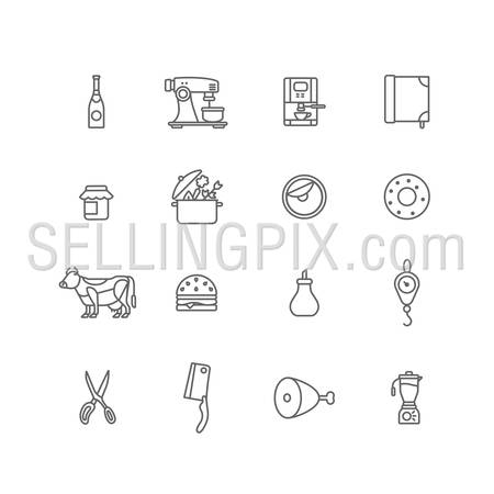 Kitchen stuff Cooking and Food icons lineart design vector set: Champagne, Coffee machine, Jam, Pan, Donut, Cow, Sandwich, Sugar, Weights, Scissors, Hatchet, Ham, Leg of veal, Mixer. Line art outline.