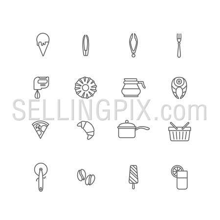 Food icons lineart design vector set: ice cream, spoon, tongs, mixer, donut, coffee pot, salmon, pizza, croissant, pan, shopping basket, ice cream, coffee beans, glass of fresh orange juice. Line art.