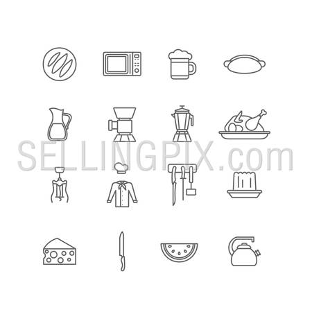 Kitchen stuff Cooking and Food icons lineart design vector set: bread, microwave, mug of beer, hot dog, carafe, mincer, percolator, roast turkey, corkscrew, dinnerware, jelly, cheese, knife, teapot