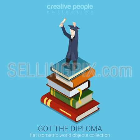 Student Holds Diploma in raised Hand standing on stack of big Books vector flat isometric style illustration. Education Graduation concept. Flat world collection.