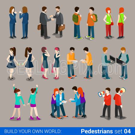 Flat 3d isometric high quality city pedestrians icon set. Business people, casual, teens, couples. Build your own world web infographic collection.