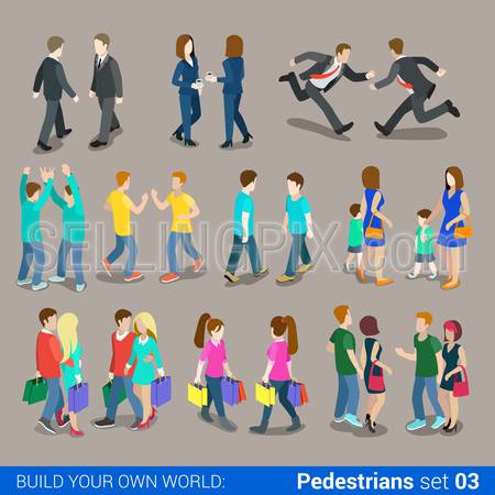 Flat 3d isometric high quality city pedestrians icon set. Business people, casual, teens, couples, Carrying Shopping bags. Build your own world web infographics collection.