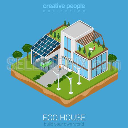 Flat 3d isometric green eco friendly house concept. Electric car sun battery wind turbine and house on rectangular platform. Build your own world collection.