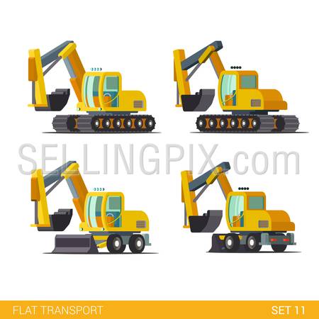 Flat isometric style modern construction site wheeled tracked vehicles transport web app icon set concept. Bulldozer motor grader excavator digger dredge power shovel. Build your own world collection.