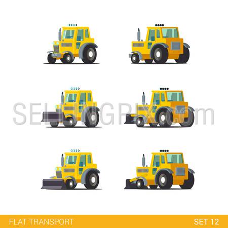 Flat isometric style modern construction site wheeled tracked vehicles transport web app icon set concept. Tractor motor grader. Build your own world collection.