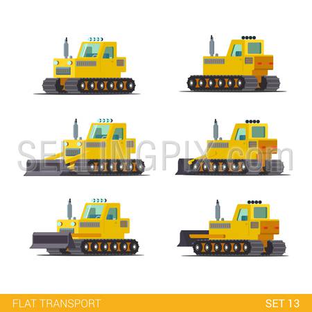Flat isometric style modern construction site industrial building tracked vehicles transport web app icon set concept. Tractor motor grader. Build your own world collection.