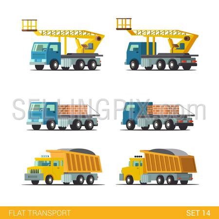 Flat isometric style modern construction site industrial building tracked vehicles transport web app icon set concept. Tip truck tipper hopper lorry platform crane. Build your own world collection.