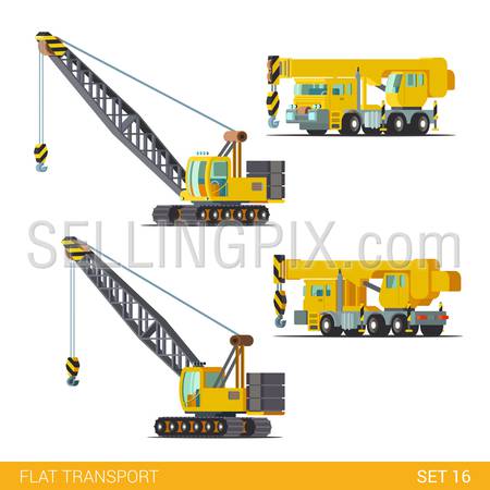 Flat isometric style modern construction site industrial building tracked vehicles transport web app icon set concept. Boom gib arm crane jib gibbet derrick. Build your own world collection.