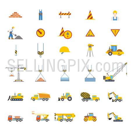 Flat creative style modern construction site web app icon set. Brick overalls cone sign constructor roller crane concrete mixer truck grader. Build your own world collection.