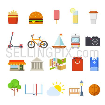 Flat style modern city navigation travel tourism web app concept icon set. Fast food restaurant ice cream lemonade coffee scooter yacht tram camera sightseeing map museum. Website icons collection.