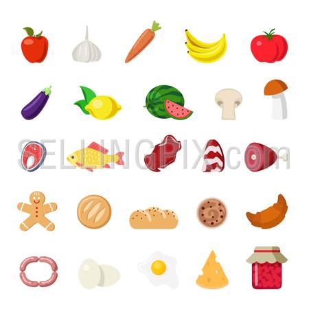 Flat style modern food web app concept icon set. Vegetable fruit fish meat mushroom bakery eggs cheese grocery apple carrots bacon croissant banana lemon melon bread biscuit. Website icons collection.