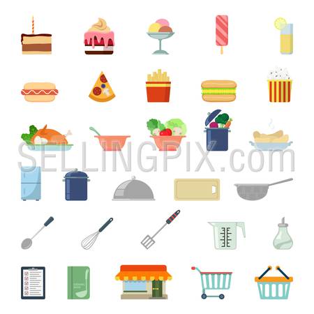 Flat style modern shopping meal food cooking web app concept icon set. Cake tart ice cream lemonade pizza salad soup fridge mixer menu pop corn cutting board colander paddle. Website icons collection.