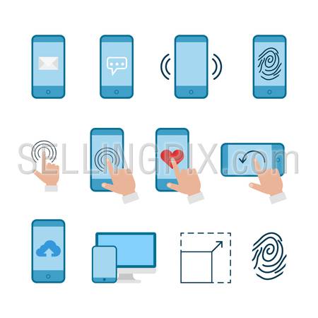 Flat line art creative web mobile app conceptual infographic icon set. Mail chat vibration alert fingerprint touch gesture like screen orientation cloud store upload download responsive magnify.