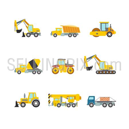 Flat creative style modern construction site wheeled tracked vehicles transport web app icon set concept. Bulldozer motor grader excavator digger dredge power shovel. Build your own world collection.