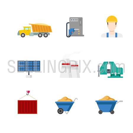 Flat creative style modern heavy industry infographics vector icon set. Truck gas refill station builder sun battery panel chimney vises clutches wheelbarrow container. Construction icons collection.