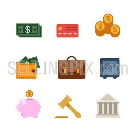 Flat creative style modern banking finance law justice infographic vector icon set. Money wallet coins credit card briefcase safe piggybank bank gavel court building. Business lifestyle collection.