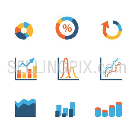 Flat creative style modern infographic data stats graphic web vector icon set. Pie chart bar area cone line percent graphics. Business finance statistics website icons collection.