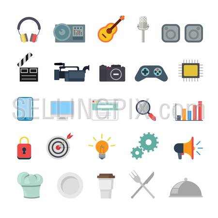 Flat creative style modern misc media production promotion cooking infographic vector icon set. Miscellaneous icons collection.