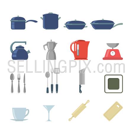 Flat creative style modern cookware kitchen tools infographic vector icon set. Coffee maker frying pan pot kettle scales glass rolling pin plate dish cutlery knife goblet. Objects icons collection.