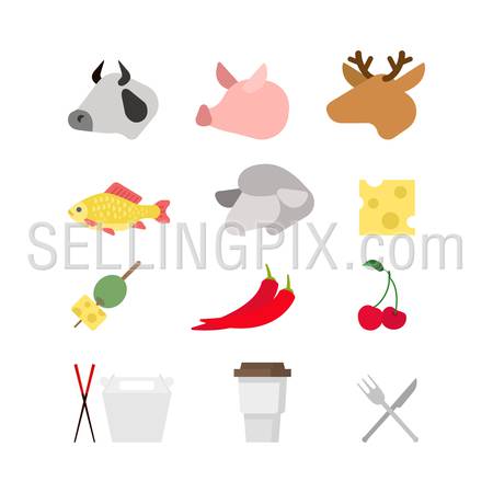 Flat creative style modern misc food infographic vector icon set. Cow pig deer fish lamb cheese olive pepper cherry sushi sticks coffee. Meal time icons collection.