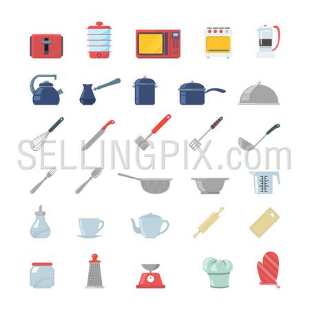 Flat creative style kitchenware object electronics modern infographic vector icon set. Toaster dry cooker microwave oven coffee maker pot gezve pan cookware scales mixer. Kitchen icons collection.