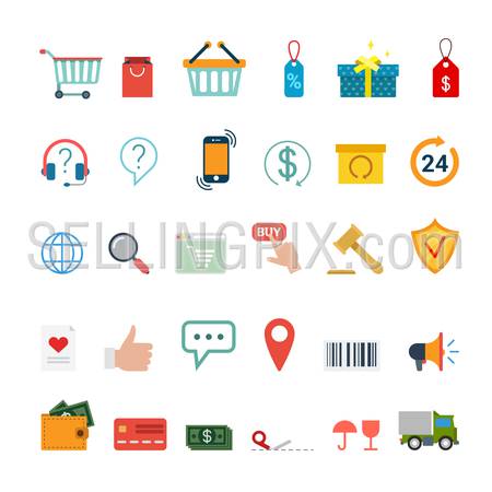 Flat creative style online shopping auction mobile app modern infographic vector icon set. Application icons collection.