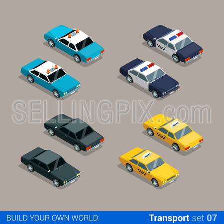 Flat 3d isometric high quality city service transport icon set. Police sheriff car taxi cab black special. Build your own world web infographic collection.