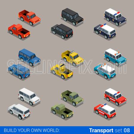 Flat 3d isometric high quality city SUV jeep offroad transport icon set. Car pickup fire service police military farm truck. Build your own world web infographic collection.