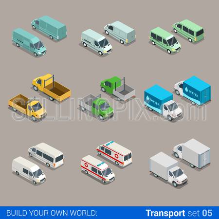 Flat 3d isometric high quality city freight cargo transport icon set. Car truck van construction ambulance delivery water micro bus. Build your own world web infographic collection.