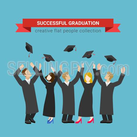 Flat style modern people icons successful graduate students education knowledge school university college web template infographic vector concept. Happy graduates in uniform throwing caps.