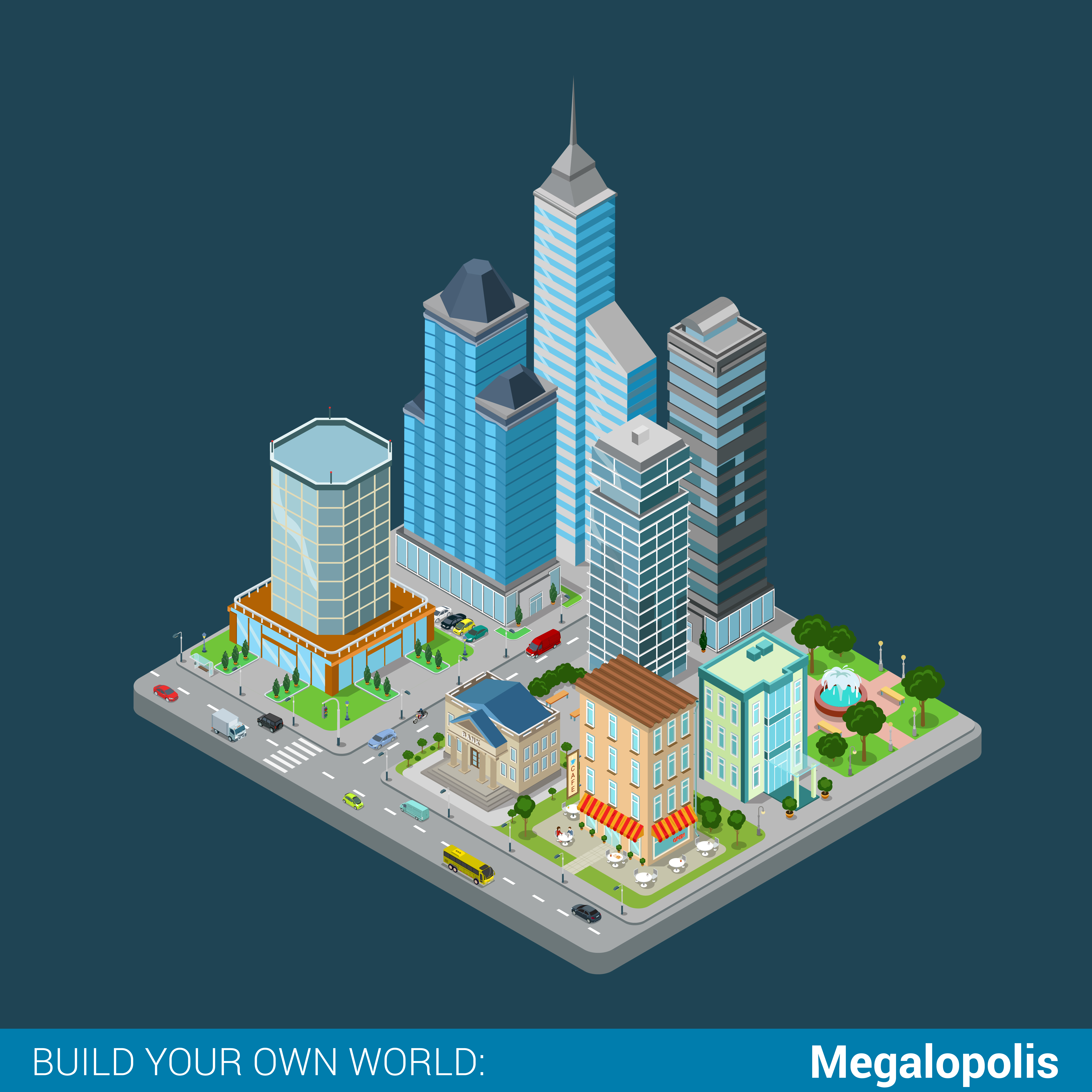 Flat 3d isometric megalopolis business city center building block infographic concept. Skyscrapers mall municipal office court bank restaurant square park. Build your own infographics world collection