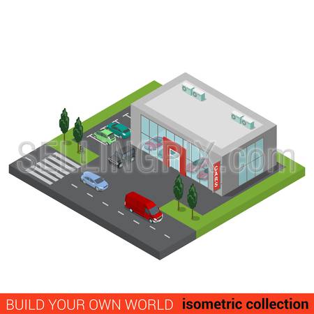 Flat 3d isometric auto car dealership sale building block infographic concept. Sales business glass trading place and street road parking. Build your own infographics world collection