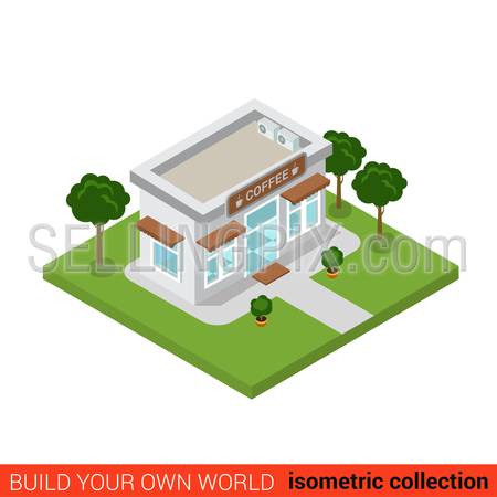 Flat 3d isometric coffee shop cafe restaurant house building block infographic concept. Build your own infographics world collection
