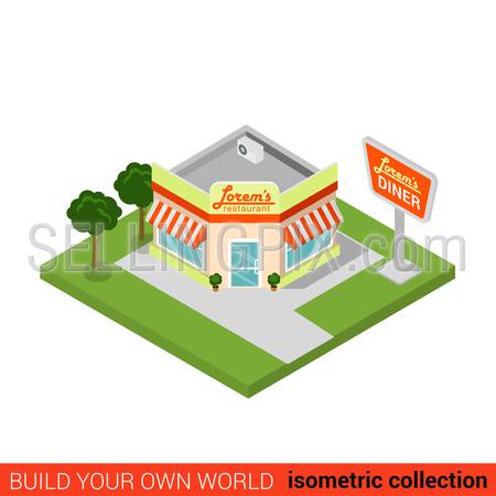 Flat 3d isometric diner restaurant building block infographic concept. Street corner fast food dinner. Build your own infographics world collection.