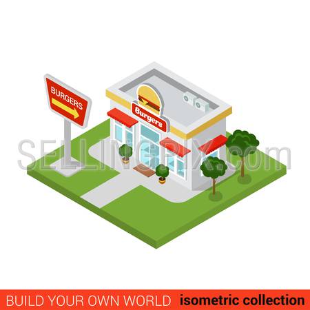 Flat 3d isometric burger restaurant building block infographic concept. Street corner fast food burgers fries cola dinner. Build your own infographics world collection