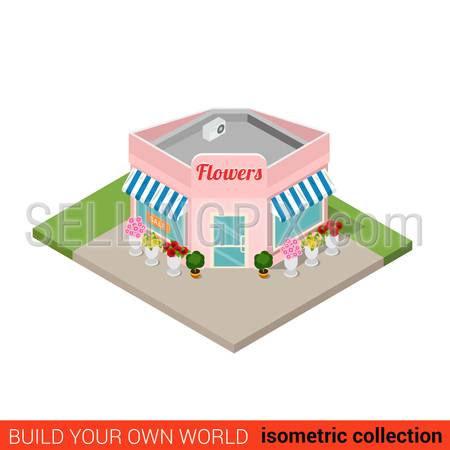 Flat 3d isometric flower shop building block infographic concept. Street corner flowers sales point. Build your own infographics world collection.