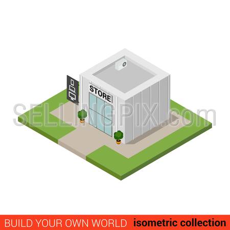 Flat 3d isometric computer electronics store building block infographic concept. Smartphone phone tablet PC shop. Build your own infographics world collection.