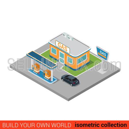 Flat 3d isometric gas petroleum petrol refill station building block infographic concept. Build your own infographics world collection.