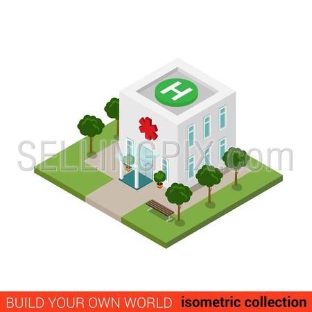 Flat 3d isometric hospital building block infographic concept. Emergency clinic rooftop heliport helicopter landing zone pad platform H sign. Build your own infographics world collection.